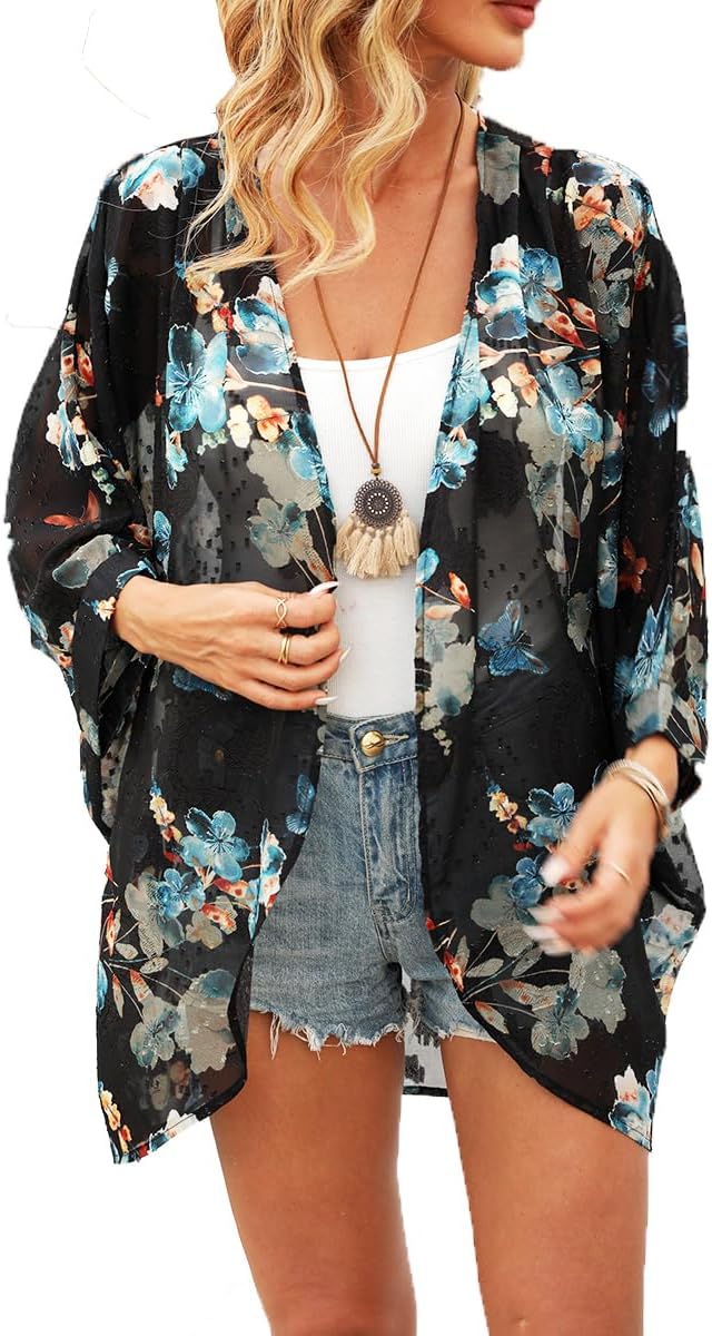 olrain Women's Floral Print Sheer Chiffon 3/4 Bat Sleeve Casual Loose Kimono Car...
