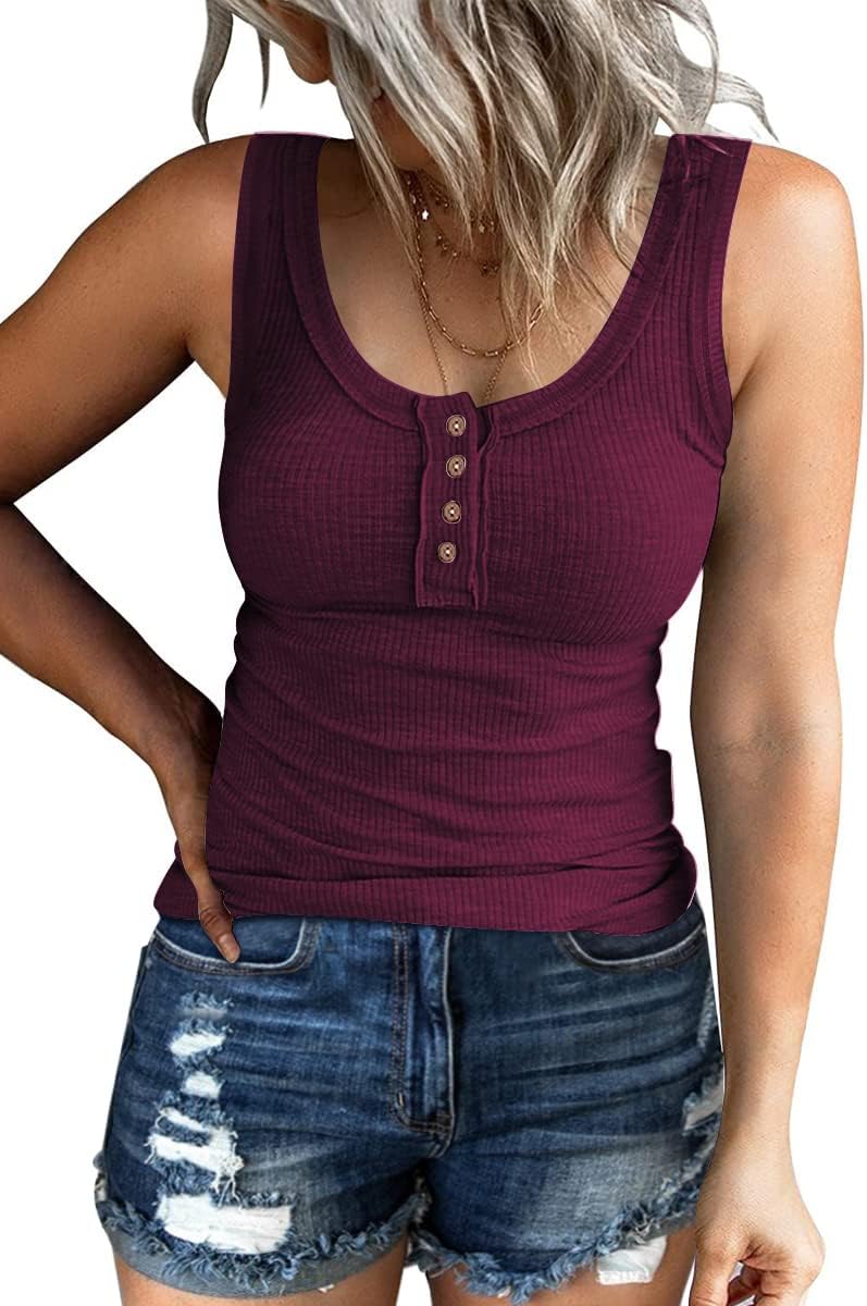 Kissfix Women Tank Tops Summer Casual Ribbed Sleeveless Basic Cami Top Slim Henl...