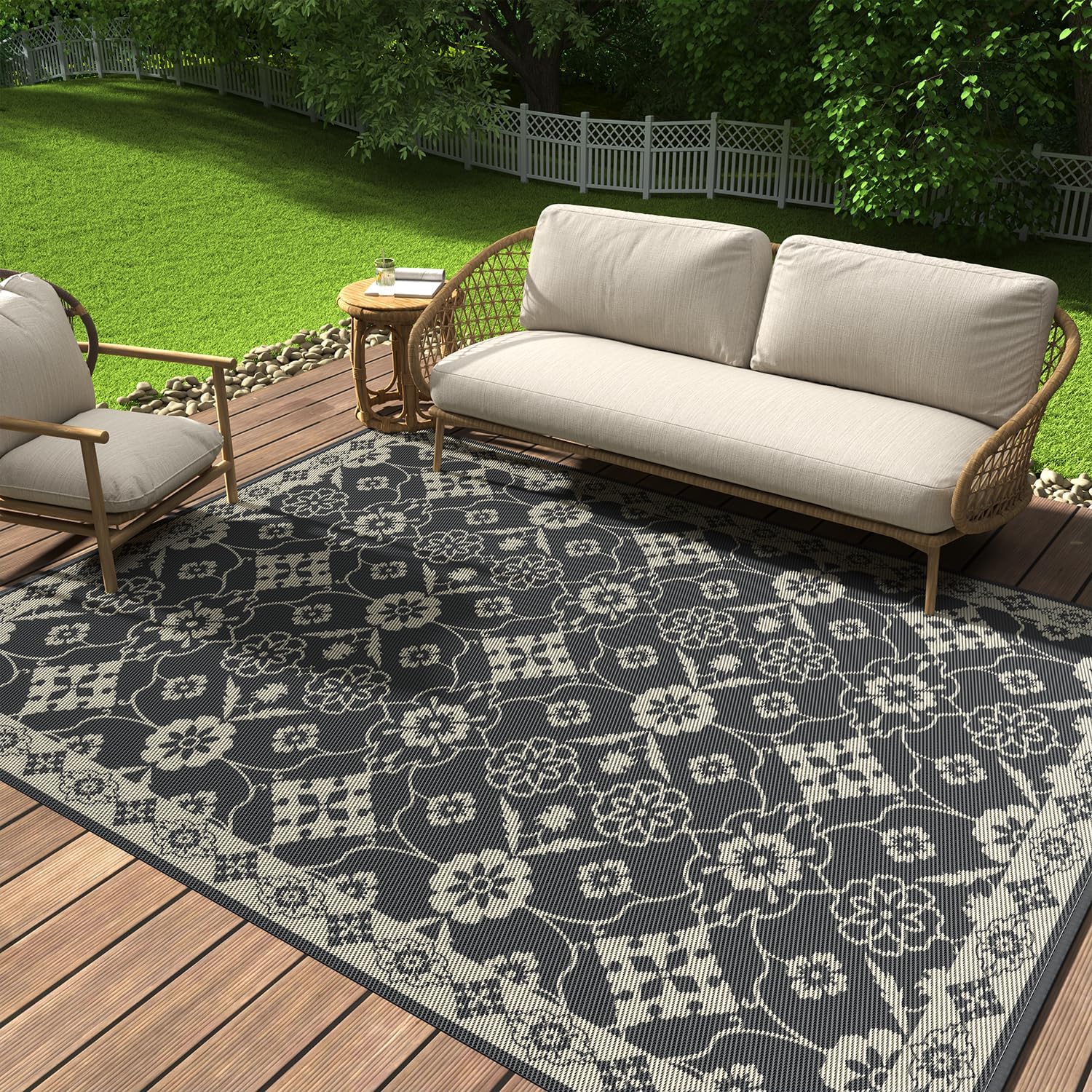 COCOER-Floral Outdoor Rug 8x10 Waterproof-Reversible Indoor Outdoor Rugs-Patio R...