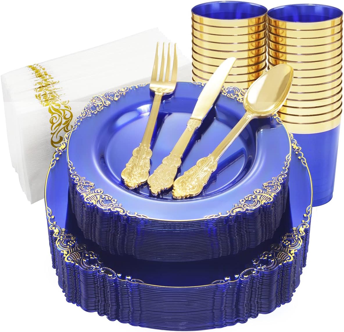Nervure 175PCS Clear Blue Gold Plastic Plates Sets Include 25Dinner Plates, 25De...