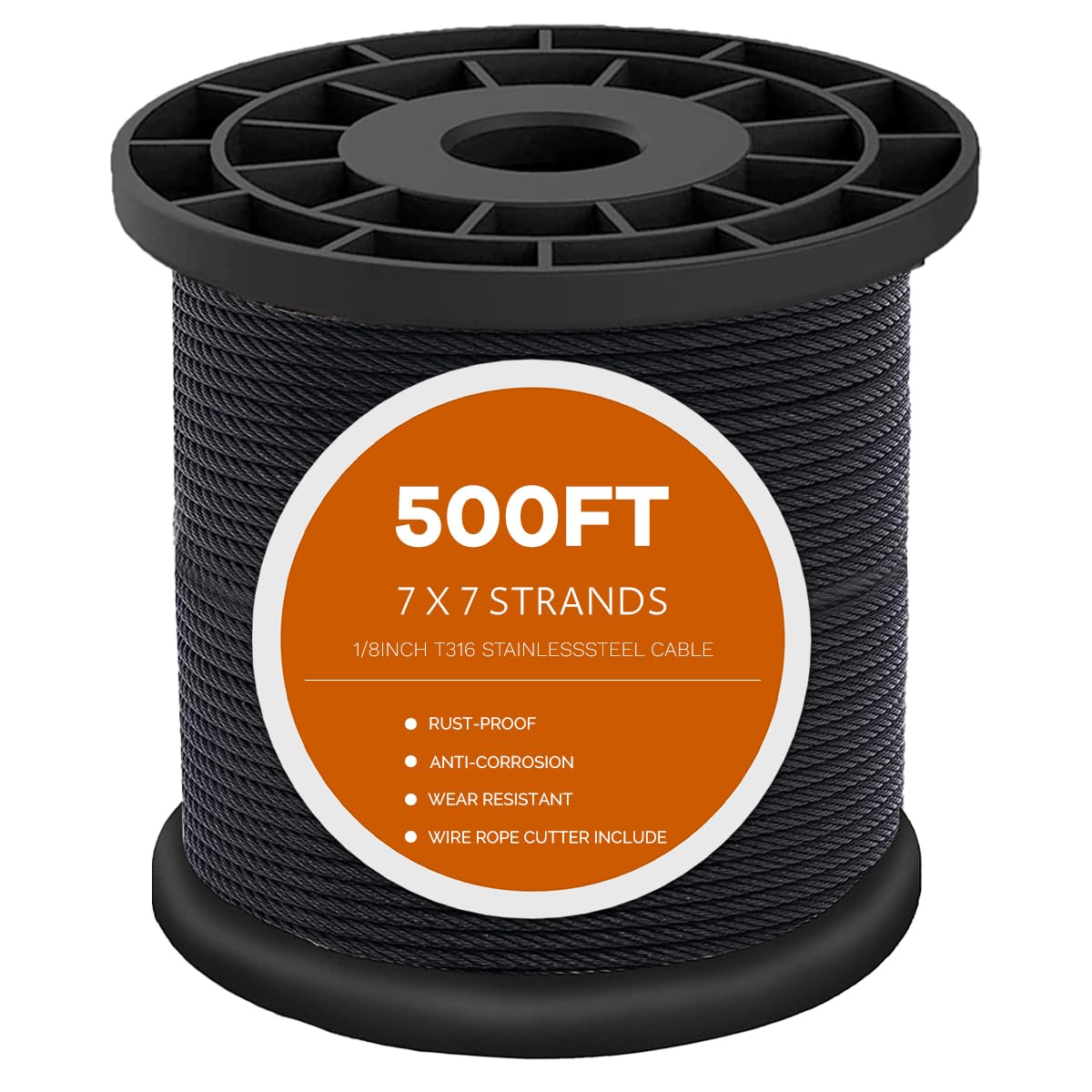 500FT T316 Black Stainless Steel Cable 1/8 inch, Black Aircraft Cable for Deck R...