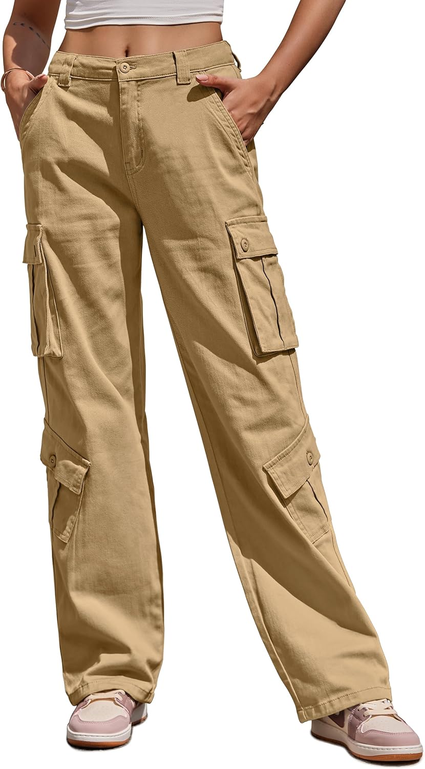 ZMPSIISA Women Pants High Waisted Cargo Pants Combat Military Trousers Wide Leg...
