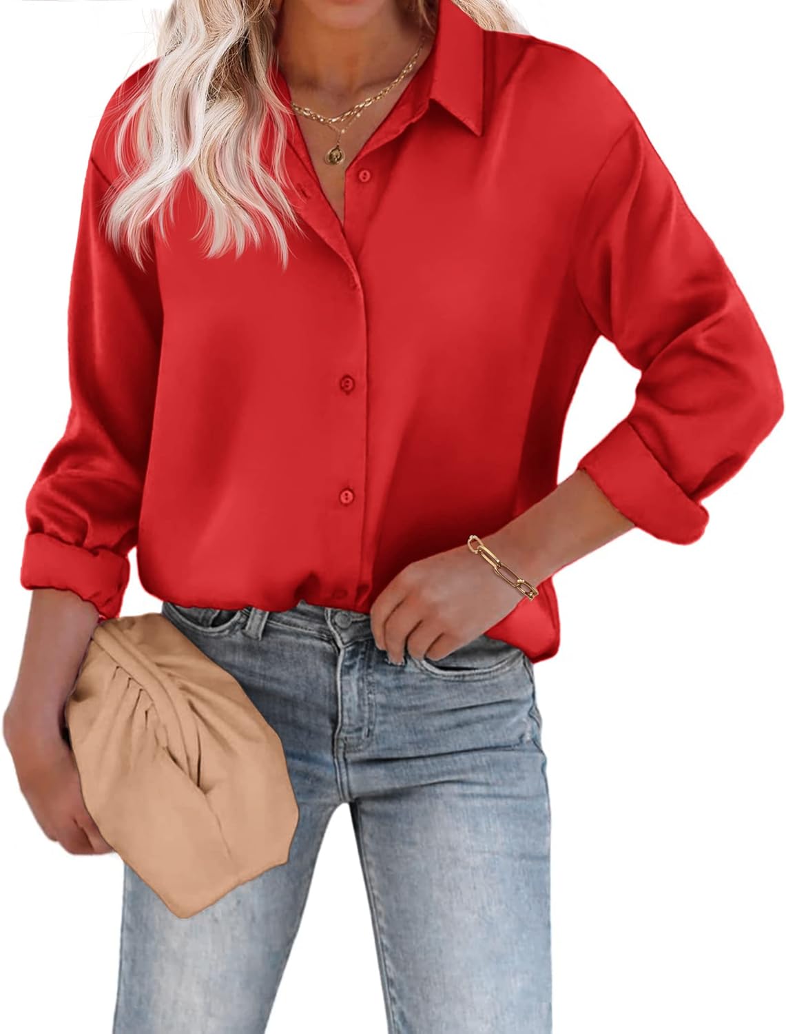 Chigant Women's Blouse Satin Silk Shirts Button Down Shirts Casual Loose Long Sl...