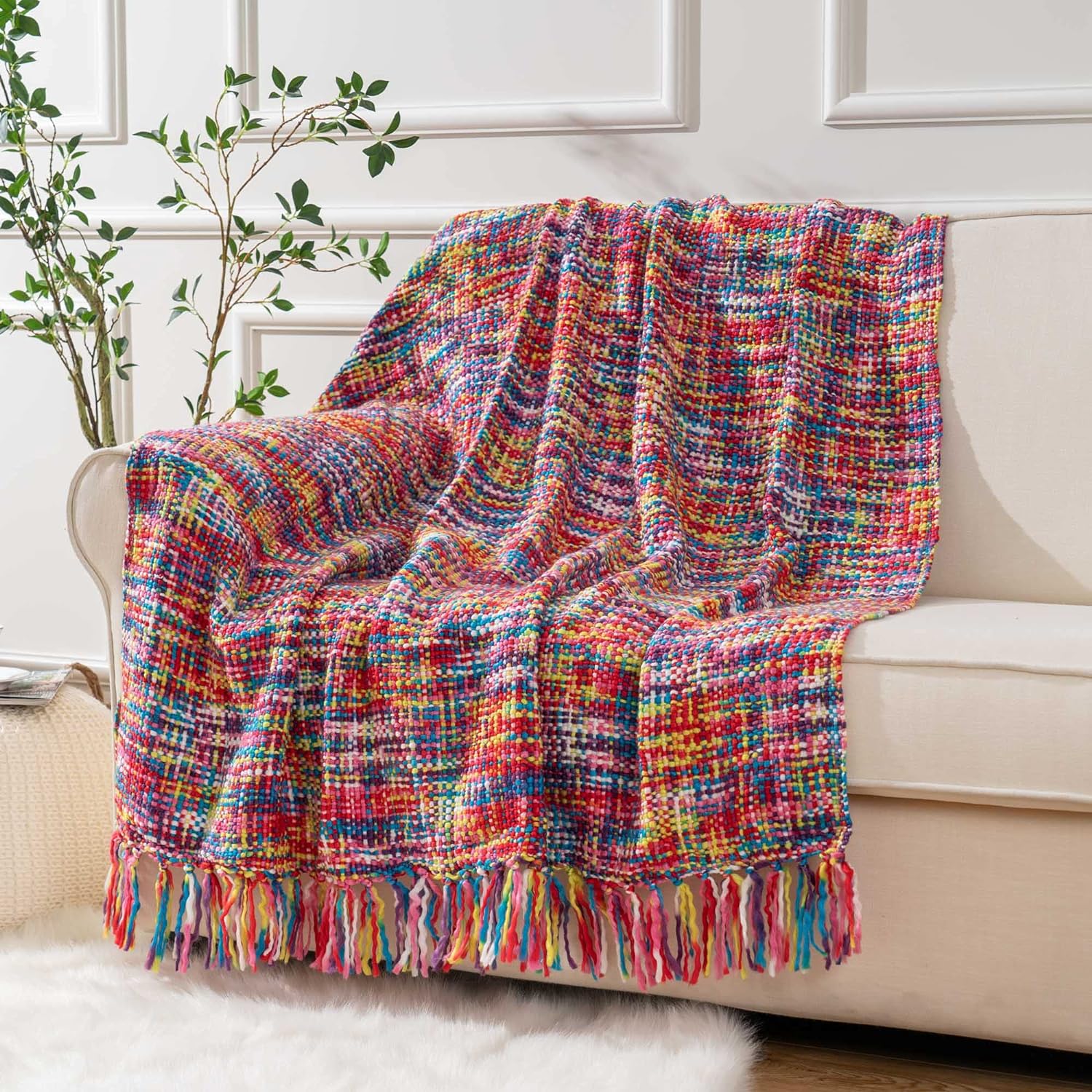BATTILO HOME Colorful Bohemian Throw Blanket with Fringe Decorative Knitted Thro...