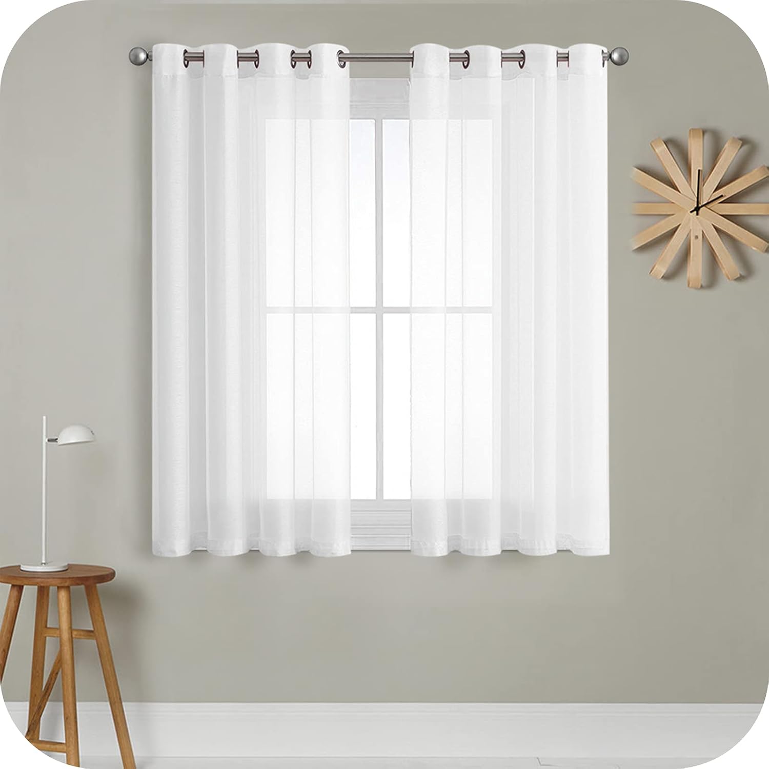 MRTREES Voile Curtains 48 Inch Drop 2 Panels Faux Linen Eyelet Sheer Curtain Pan...