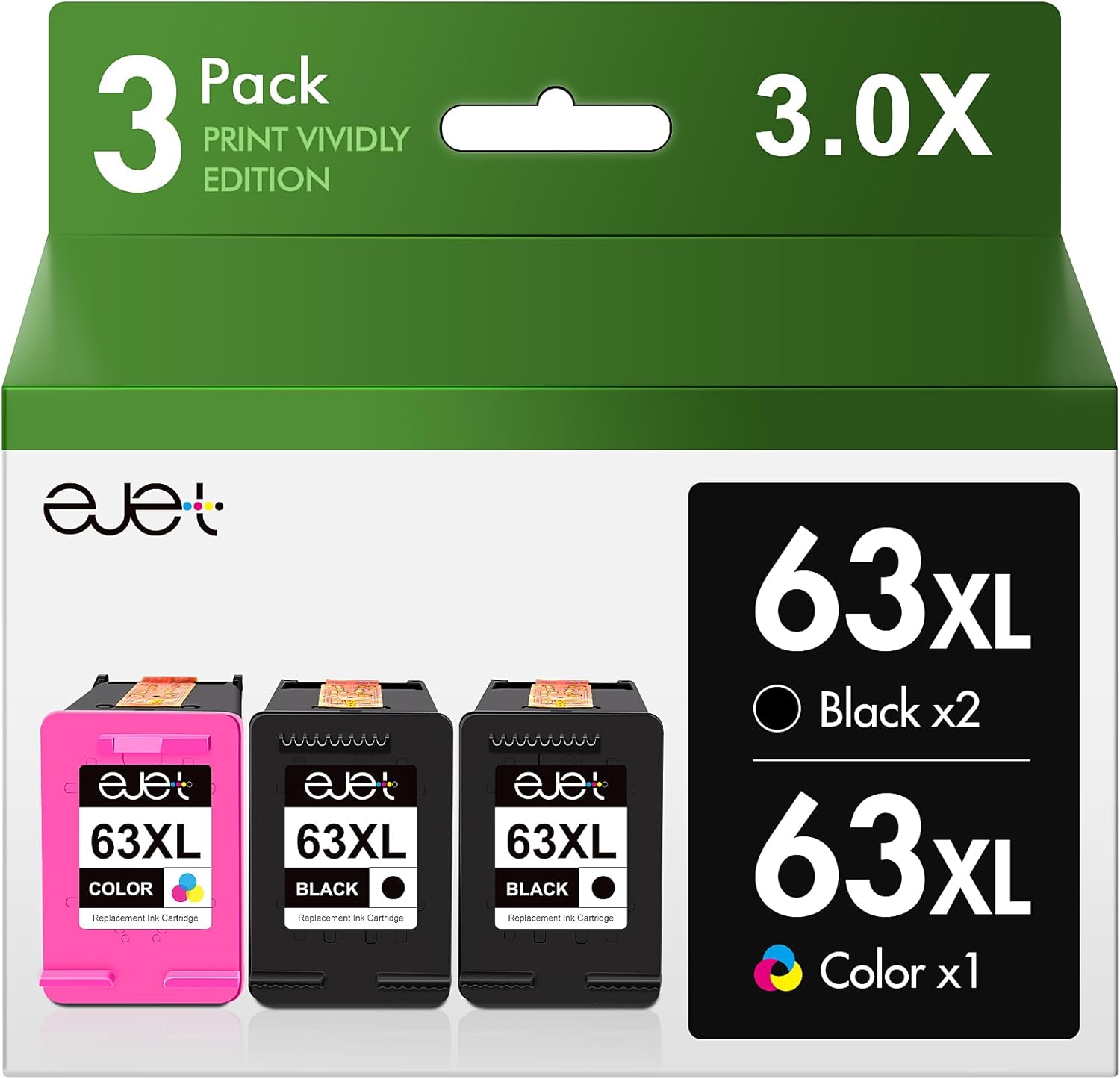 ejet 63XL Ink Cartridge High Yield Replacement for HP 63XL Ink Cartridge Combo P...