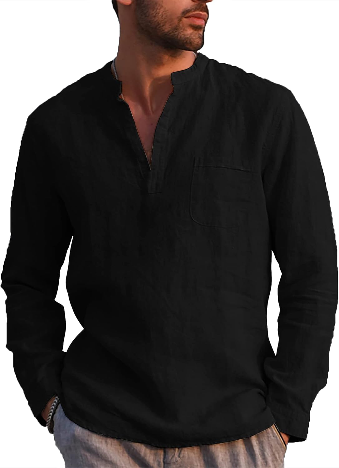 NANAMEEI Men's Cotton Linen Henley Shirt Band Collar Linen Shirt Casual Long Sle...