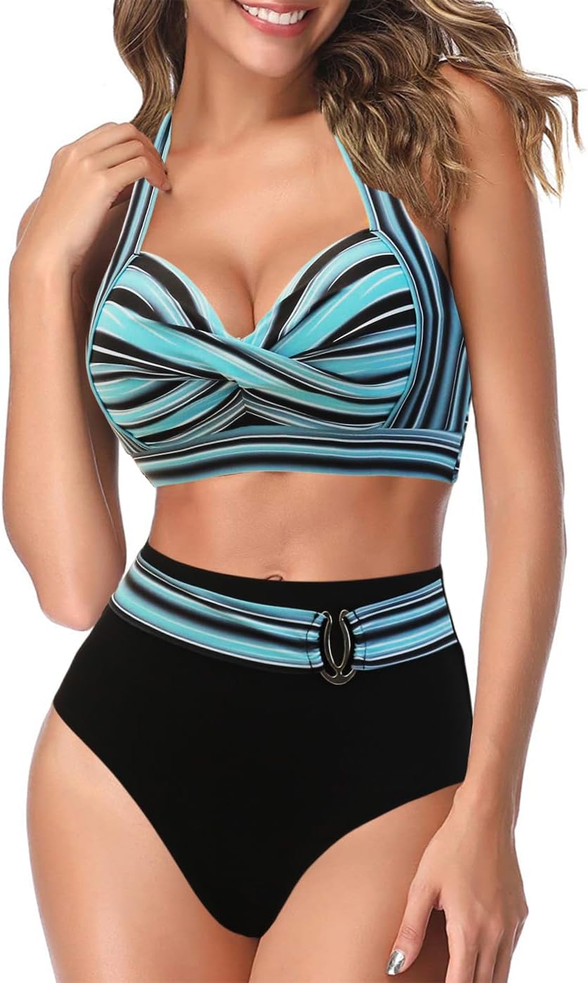 AOQUSSQOA Women Two Piece Tankini Swimsuits High Waist Halter Vintage Bikini Set...