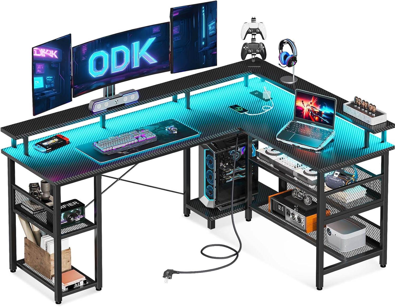 ODK L Shaped Gaming Desk with Power Outlet and LED Lights, PC Gaming Table with...