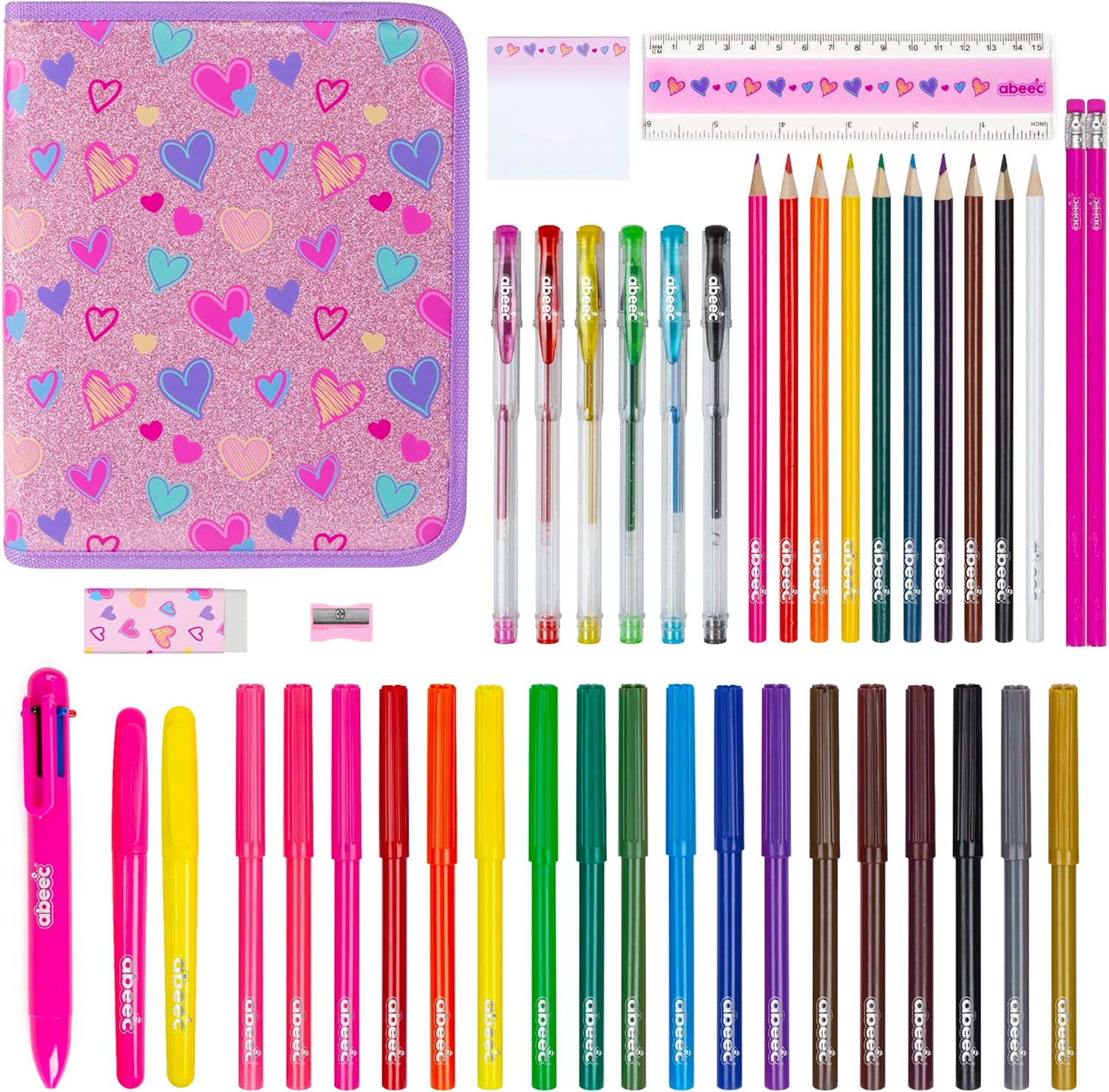 abeec 44 Piece Glitter Pencil Case – Girls Stationery Set Including: Pencil Case...