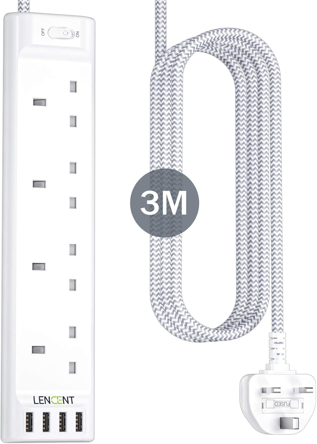 LENCENT 3M Extension Lead with USB Slots, 4 Way Ou...