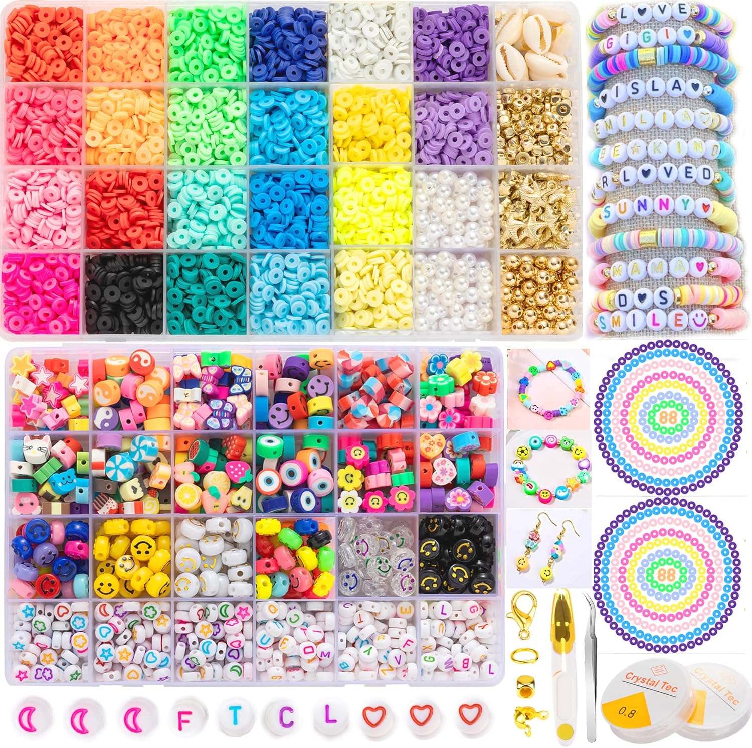 PRETOLE 8500 Pcs Clay Beads Bracelet Making Kit, Special Round Flat Beads Polyme...