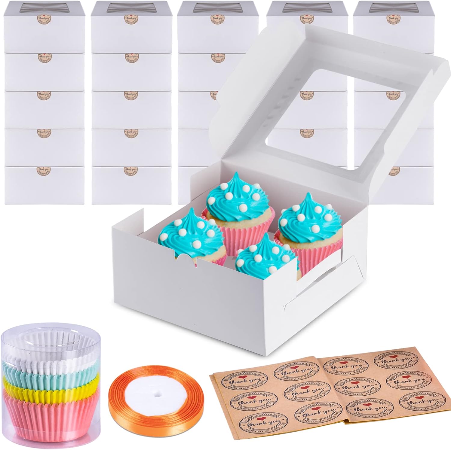 Shine Decor Cupcake Boxes 4 Hole (Pack of 25) with 100 Multicolor Cupcake Cases...
