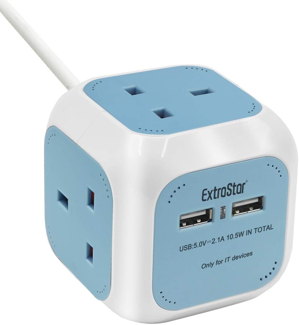 ExtraStar Power Cube 4 Ways Extended Lead with 2 USB Slots (5V/2.1A) Power Strip...