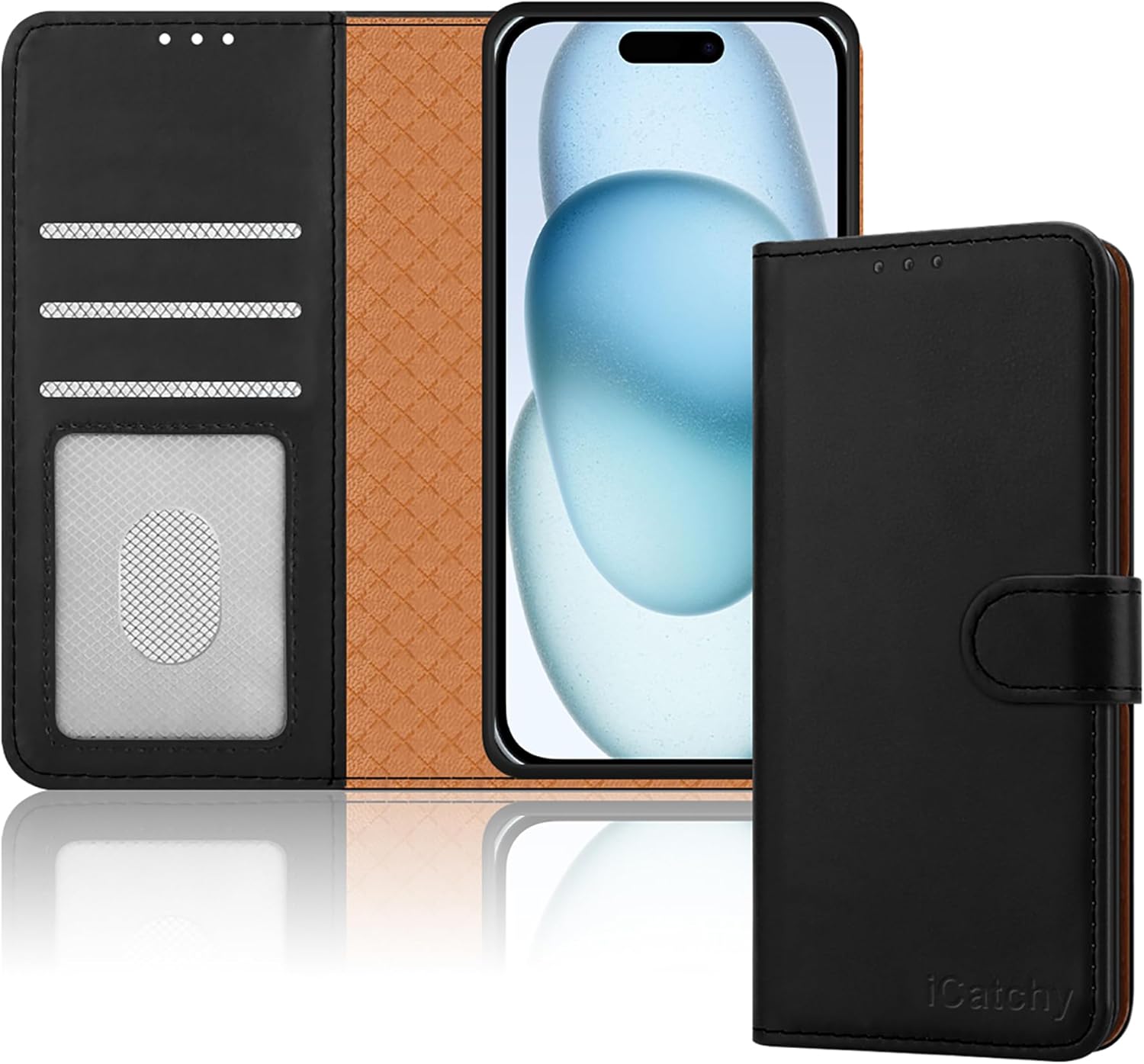 iCatchy for iPhone 15 Case Leather Wallet Book Flip Folio Stand View Magnetic Pr...