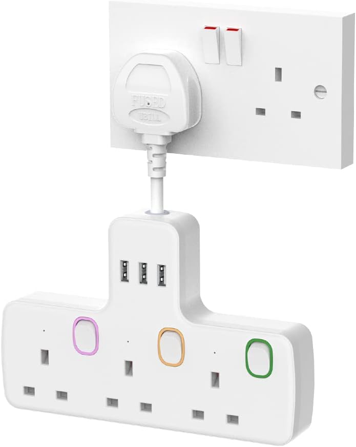 Multi Plug Extension 3 Way 3 USB with Flexible Plug, Mscien Individual Switched...