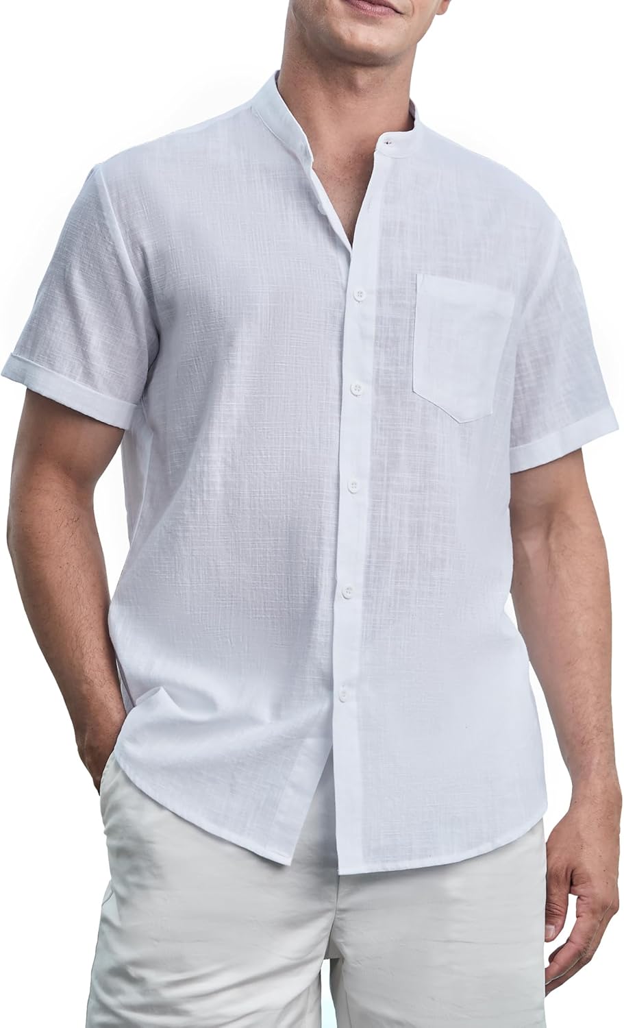 Enlision Mens Linen Shirts Short Sleeve Grandad Collar Collarless Shirts for Men...