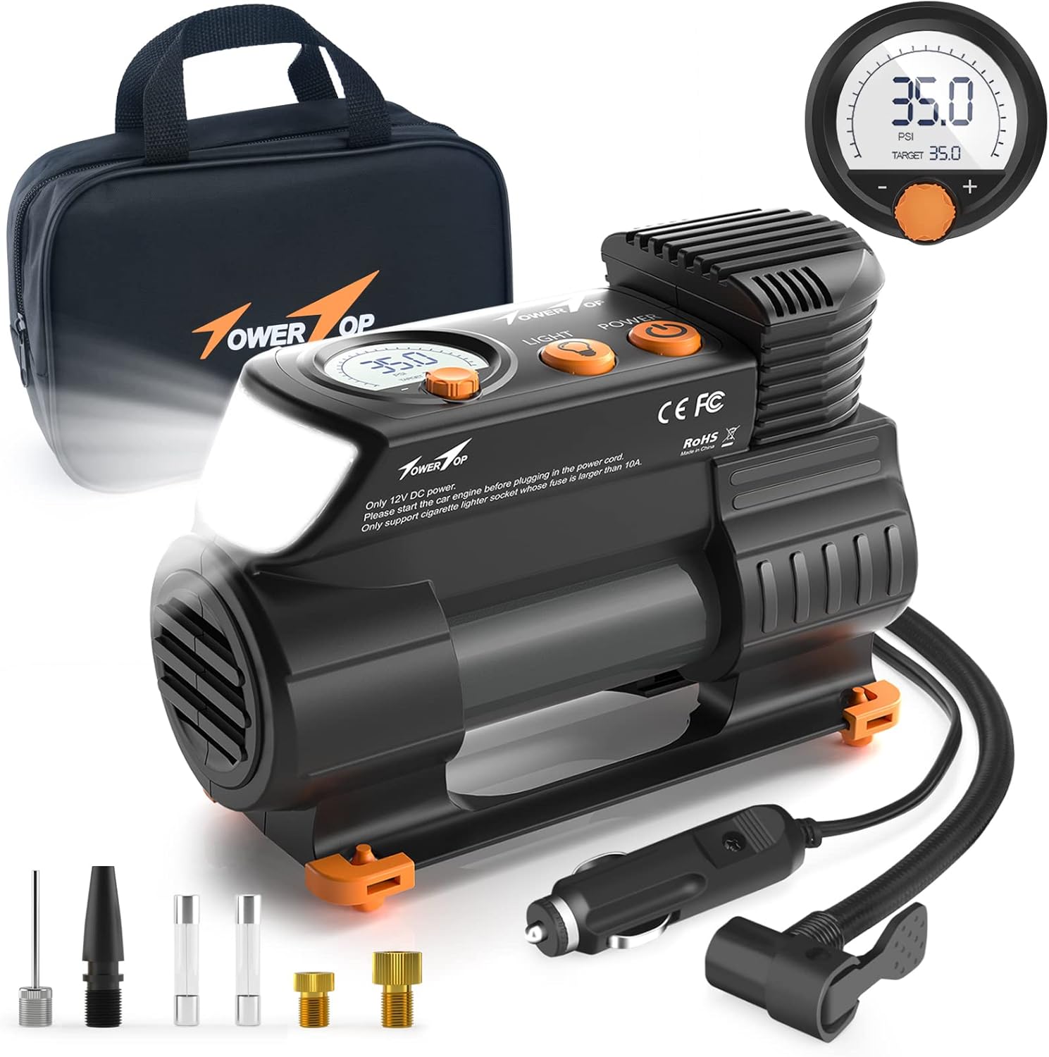 TowerTop Tyre Inflator Air Compressor: 2X Faster Heavy Duty Car Tyre Pump Portab...