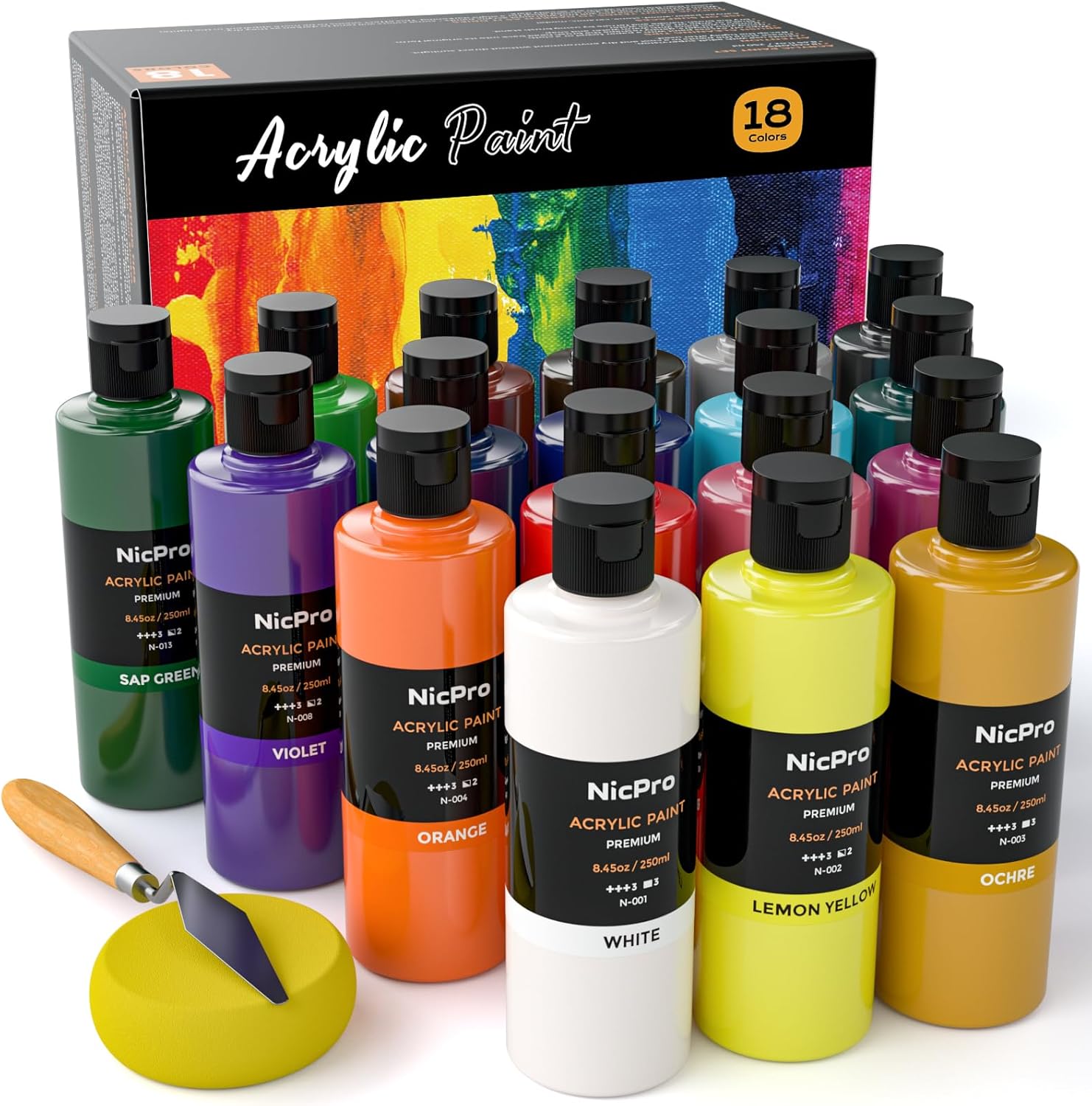 Nicpro 18 Colors Large Acrylic Paint Set, 8.45 oz./ 250 ml Artist Painting Suppl...