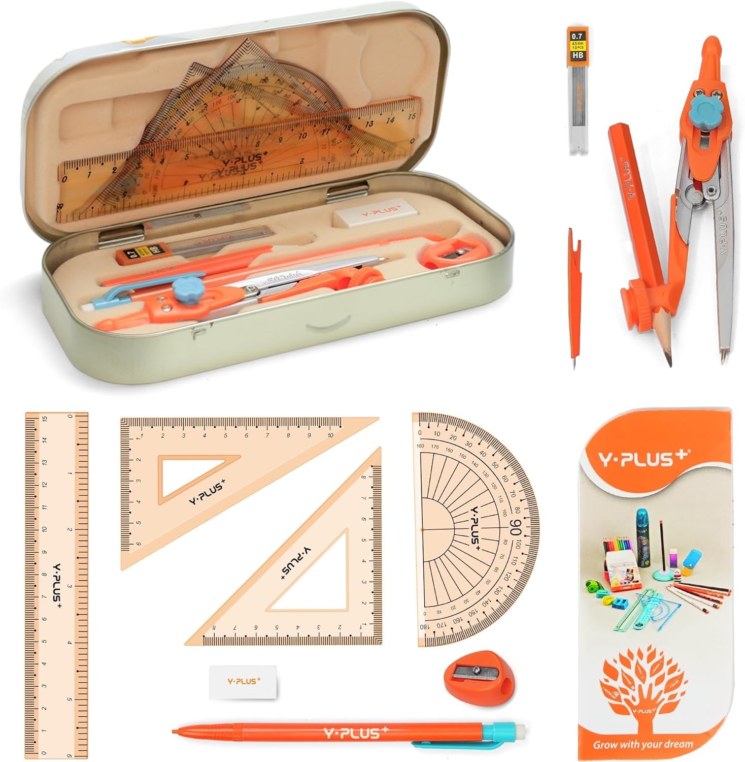 YPLUS Geometry Set for Students, Math Protractor Compass with Rulers, Box of Pro...