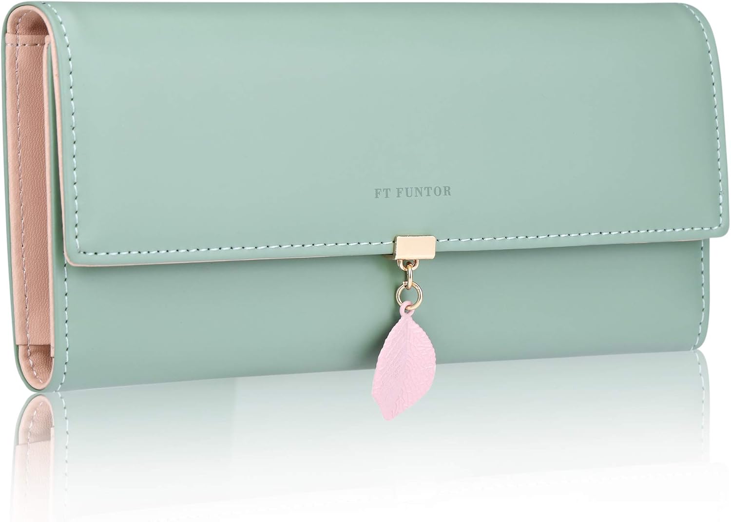 FT FUNTOR PU Leather Wallet for Women RFID Blocking Ladies Leaf Pendant Coin Zip...