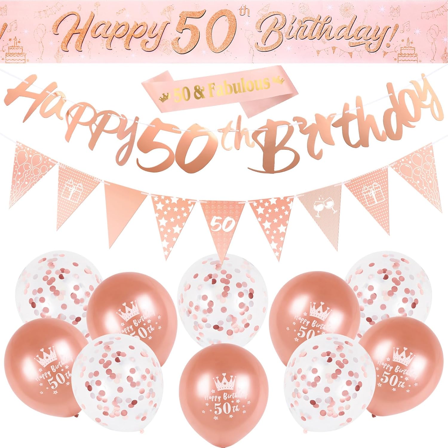 50th Birthday Decorations Kit Rose Gold Happy 50th Birthday Banner Triangle Flag...