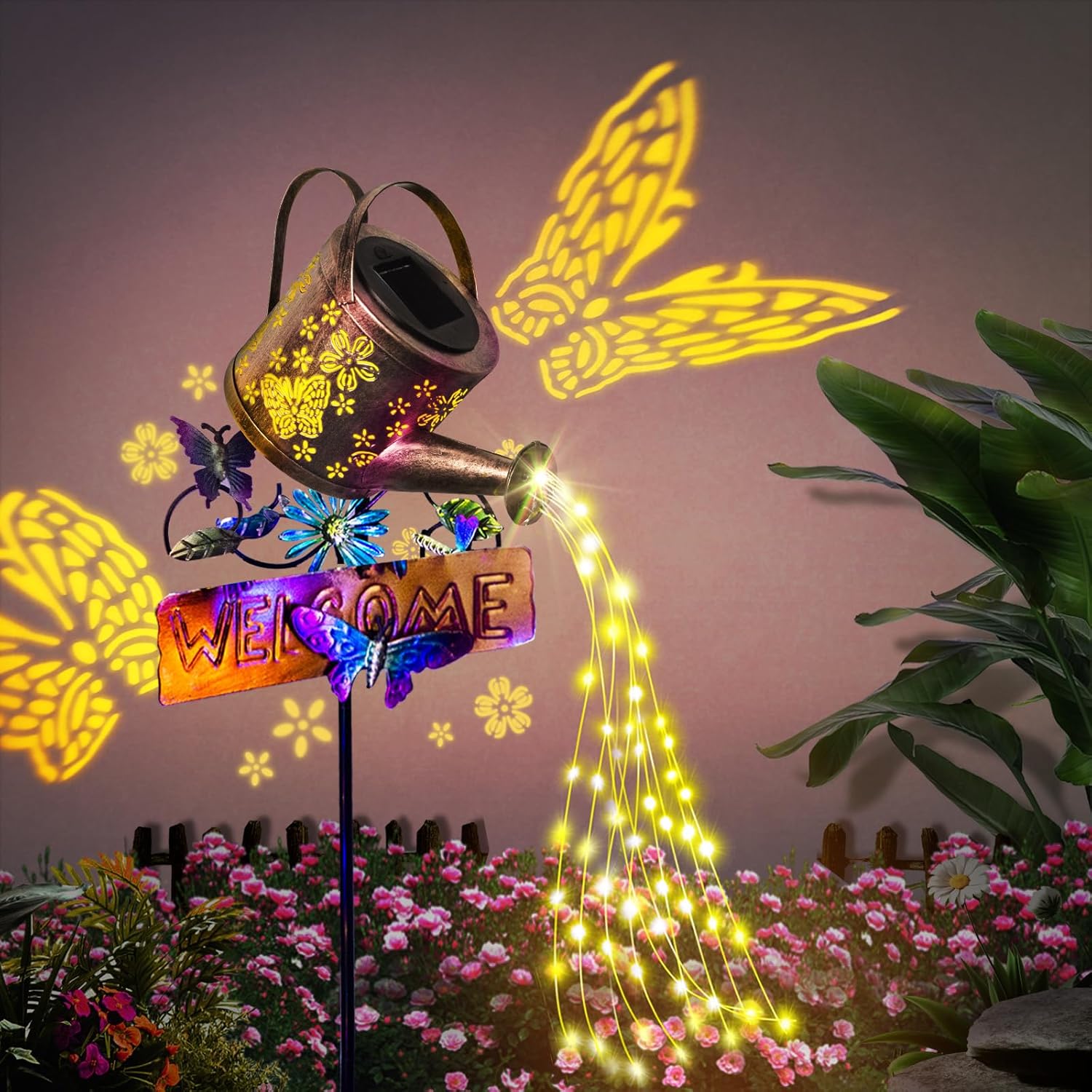 Solar Watering Can, Solar Garden Lights Colorful Butterfly LED Fairy String Ligh...