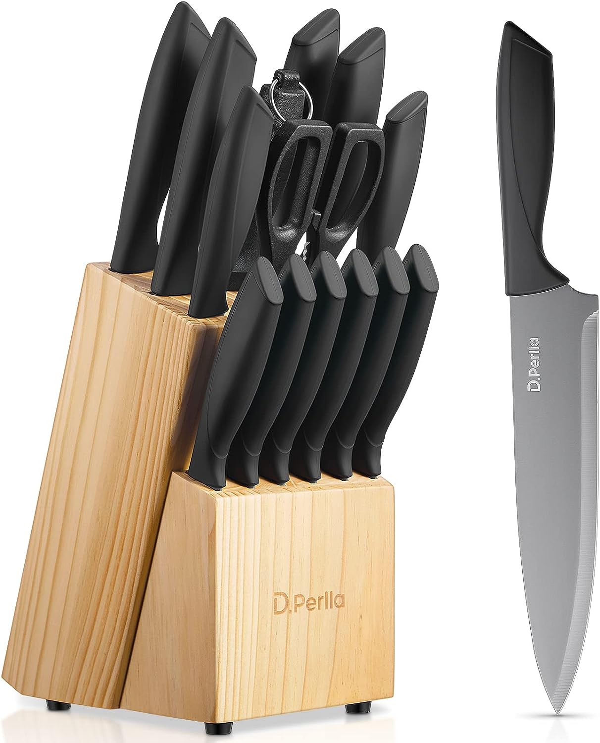 D.Perlla Knife Set with Block, 15 Pieces Kitchen Knife Set, Non Stick Black Colo...