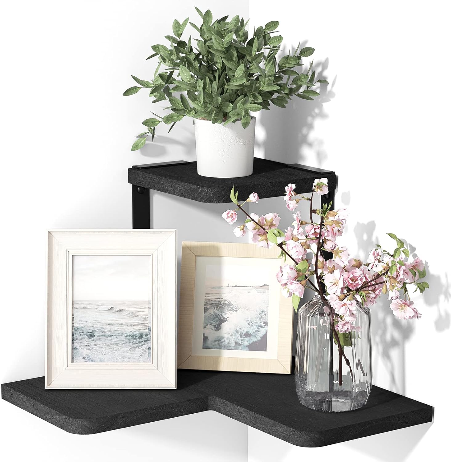 SRIWATANA Corner Shelves, 2 Tier Floating Shelves Wall Mounted, Rustic Wood Wall...