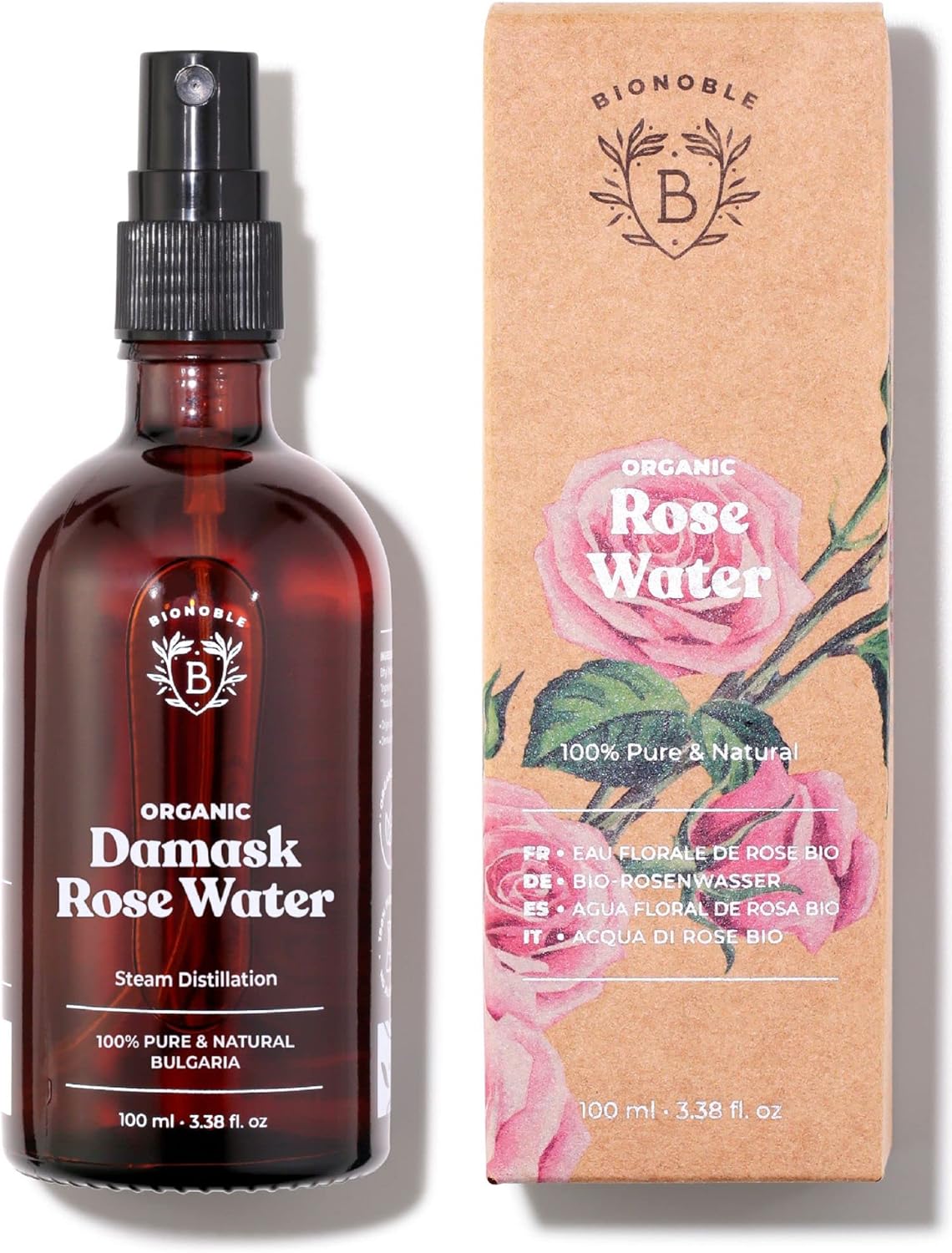 Bionoble Organic Rose Water 100ml - 100% Pure and Natural Damask Rose Hydrolat -...