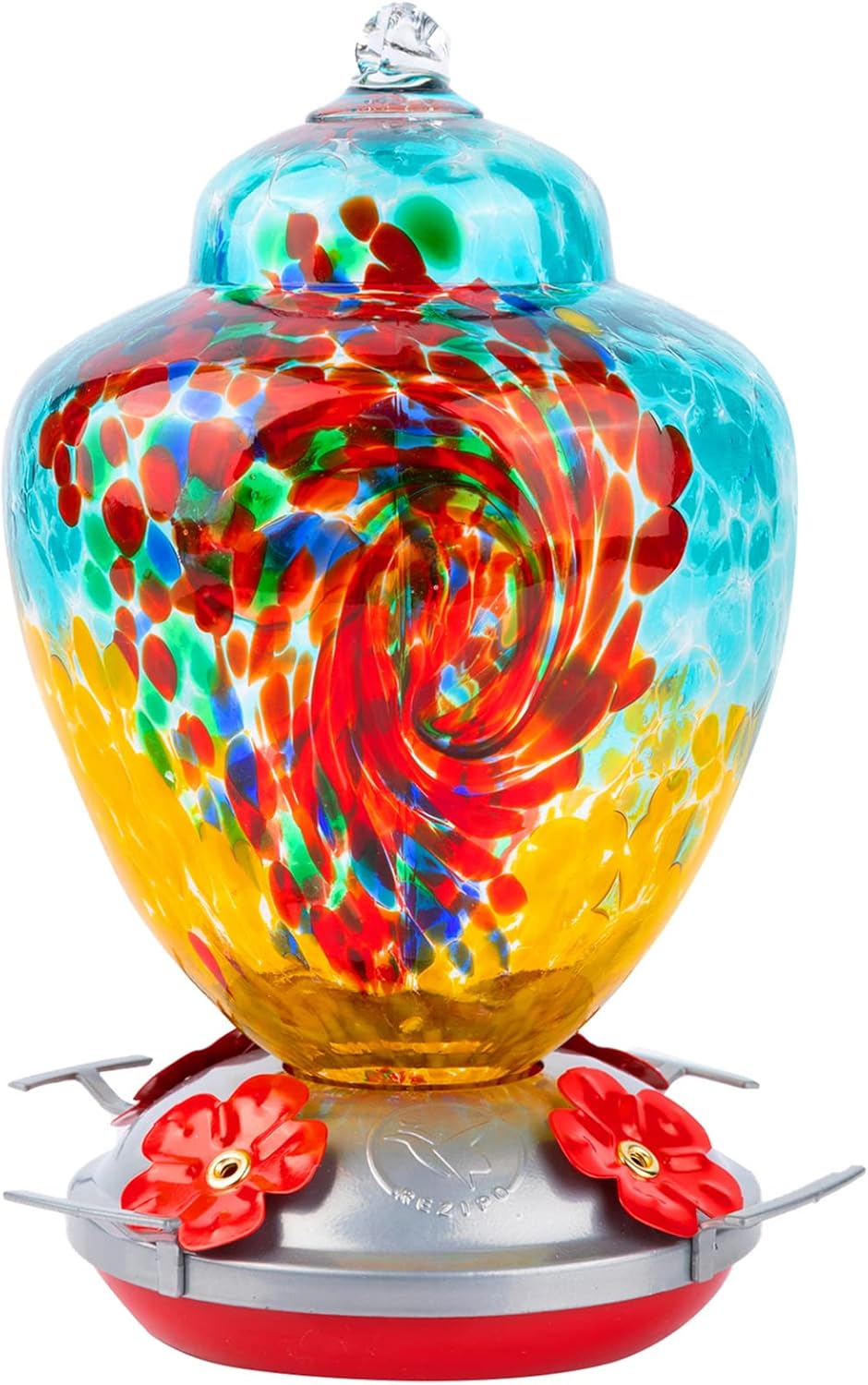 REZIPO Hummingbird Feeder with Perch - Hand Blown Glass - 38 Fluid Ounces Hummin...