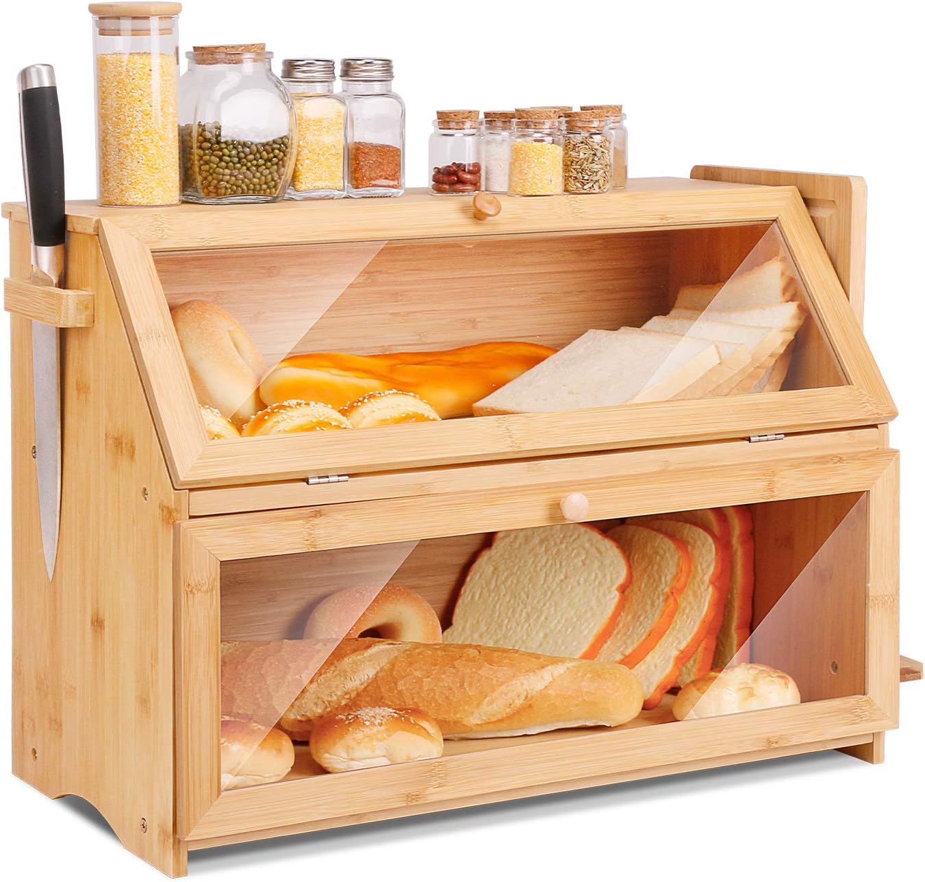 Leader Accessories Double Decker Bamboo Bread Bin 2-Layer Bread Box Large Capaci...