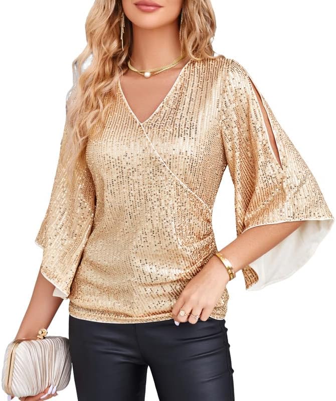 GRACE KARIN Women's Sequin Tops, Special 3/4 Sleeve Glitter Sparkly Party Blouse...