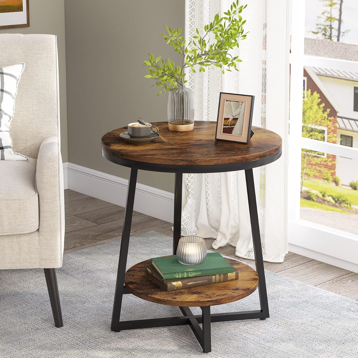 Tribesigns End Table, 2 Tier Round Side Table with Storage Shelf, Industrial Nig...
