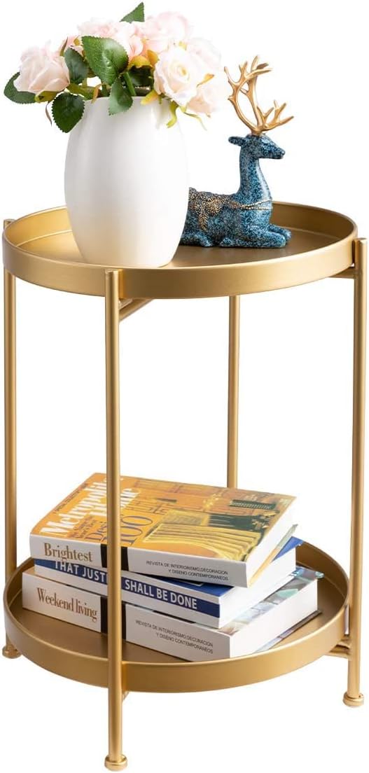 HollyHOME Round Side Table Gold End Table, 2-Tier Metal Tray Snack Table Coffee...
