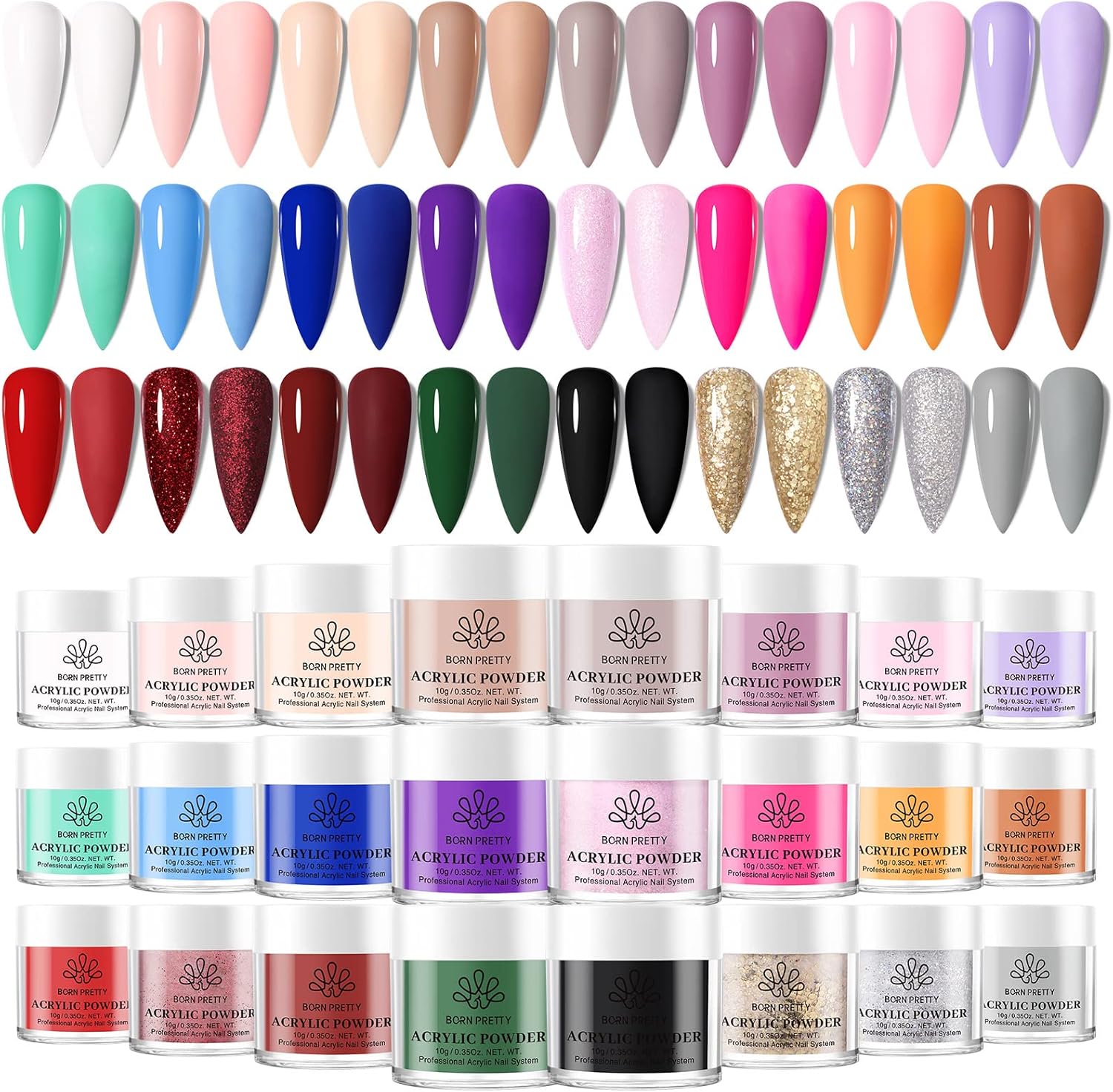 BORN PRETTY Acrylic Powder Set 24 Colors Acrylic Nail Powder Kit Glitter Profess...