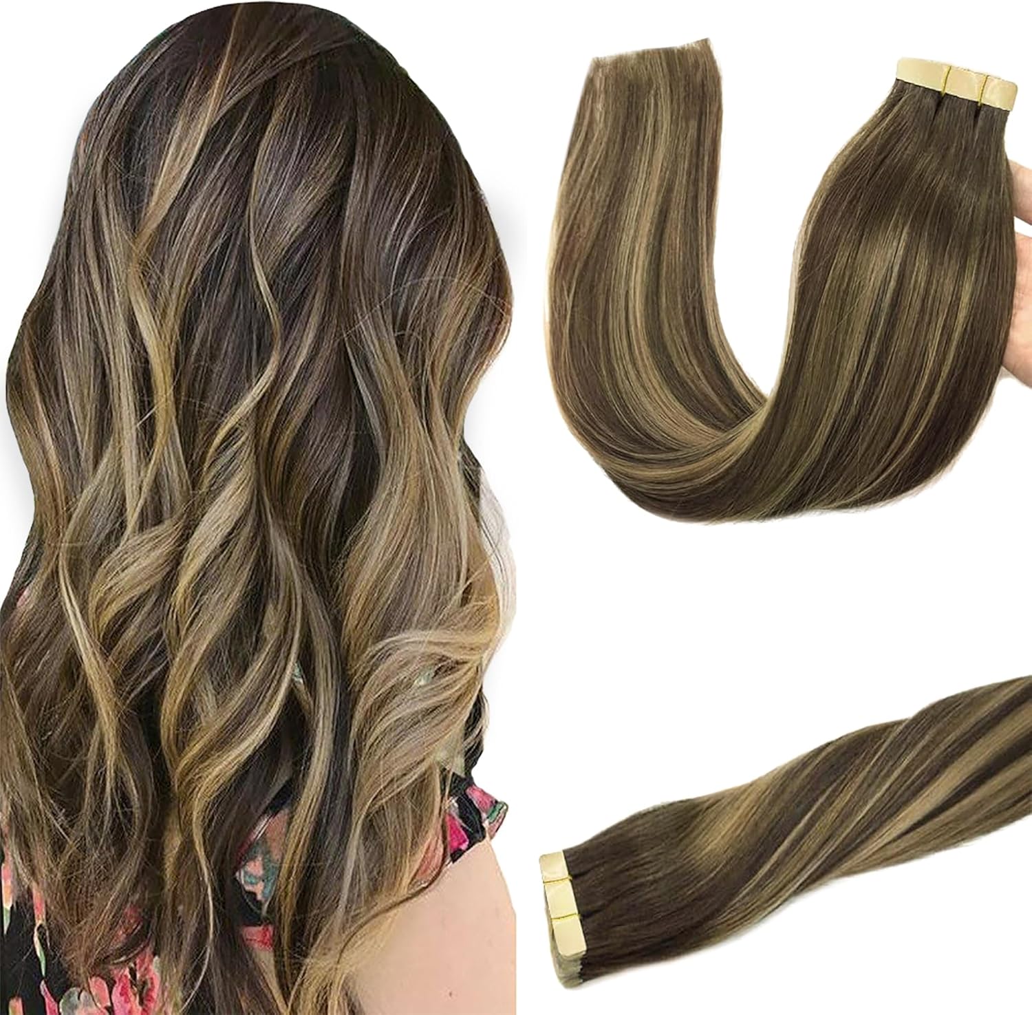 GOO GOO Tape in Hair Extensions Human Hair, 20pcs 50g 16inch, Balayage Chocolate...