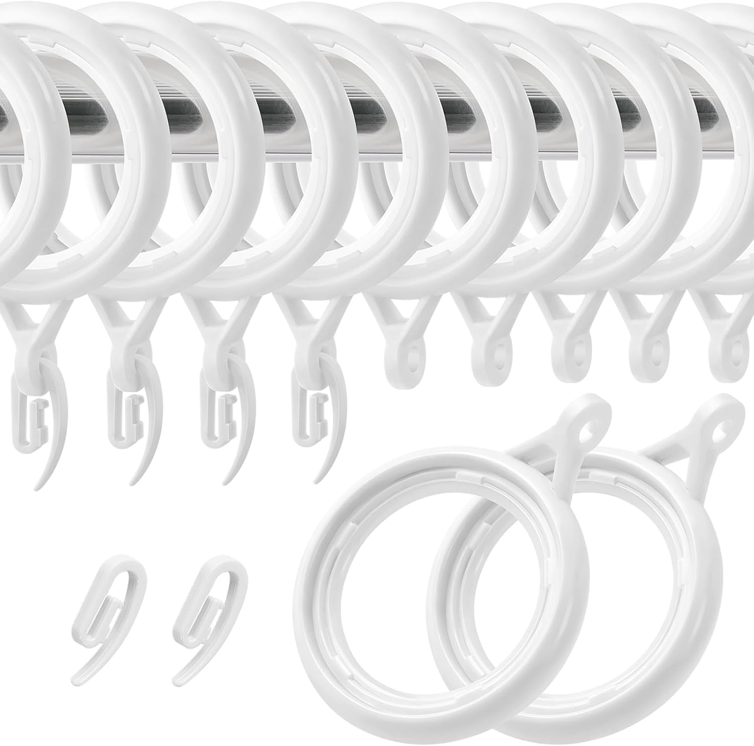 WCIC 32 Pack Curtain Rings and Hooks White 40mm Hanging Rings Hooks Plastic Curt...
