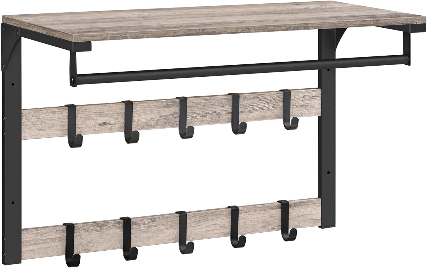 VASAGLE Wall-Mounted Coat Rack, Special Wall Shelf with 10 Removable Hooks, Inno...