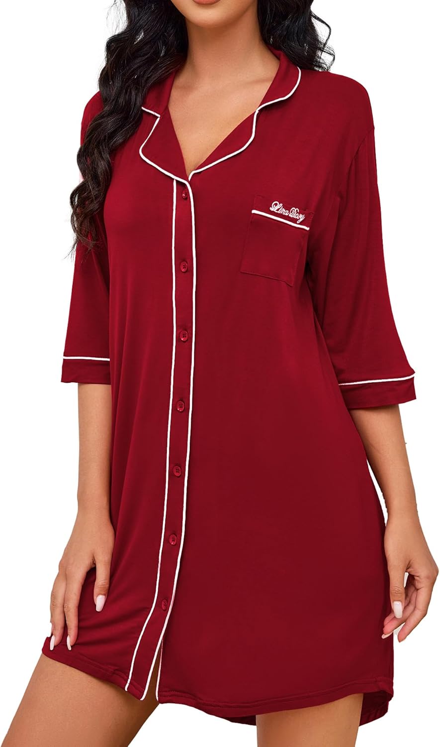 Nightgowns for Women, Special Button Down Night Shirt, Unique 3/4 Sleeve Boyfrie...