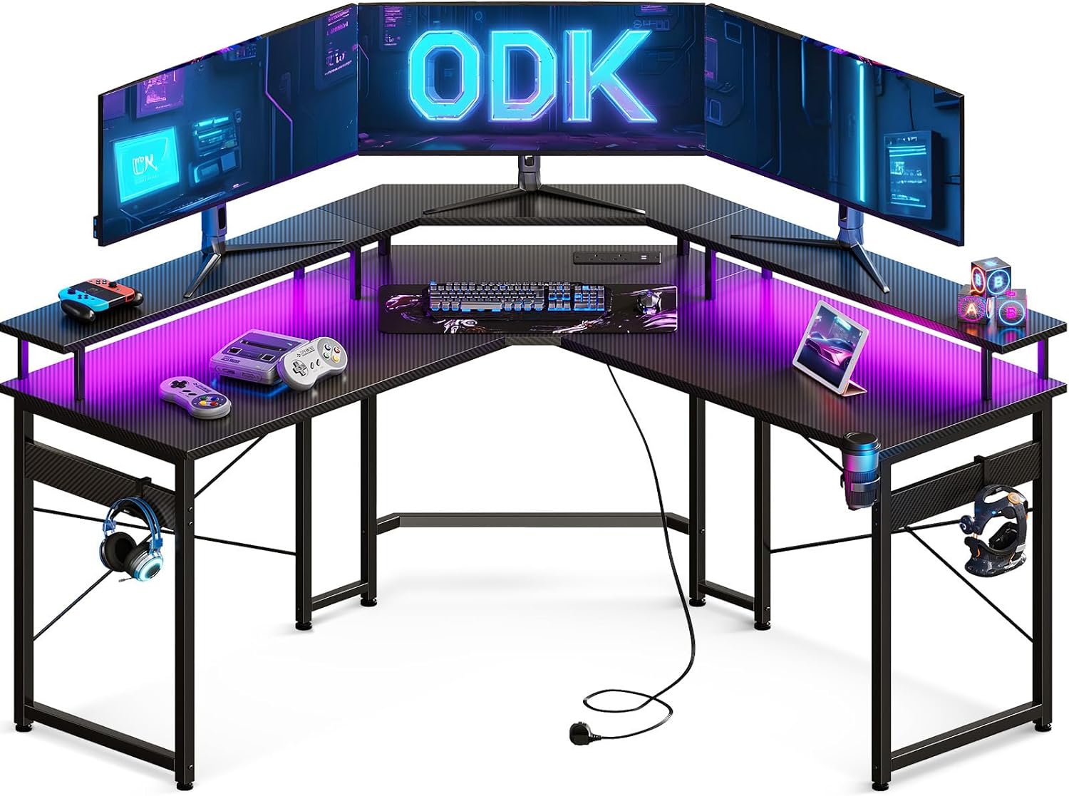 ODK L Shaped Gaming Desk, Computer Desk with LED Lights, Corner Desk with 2 Sock...