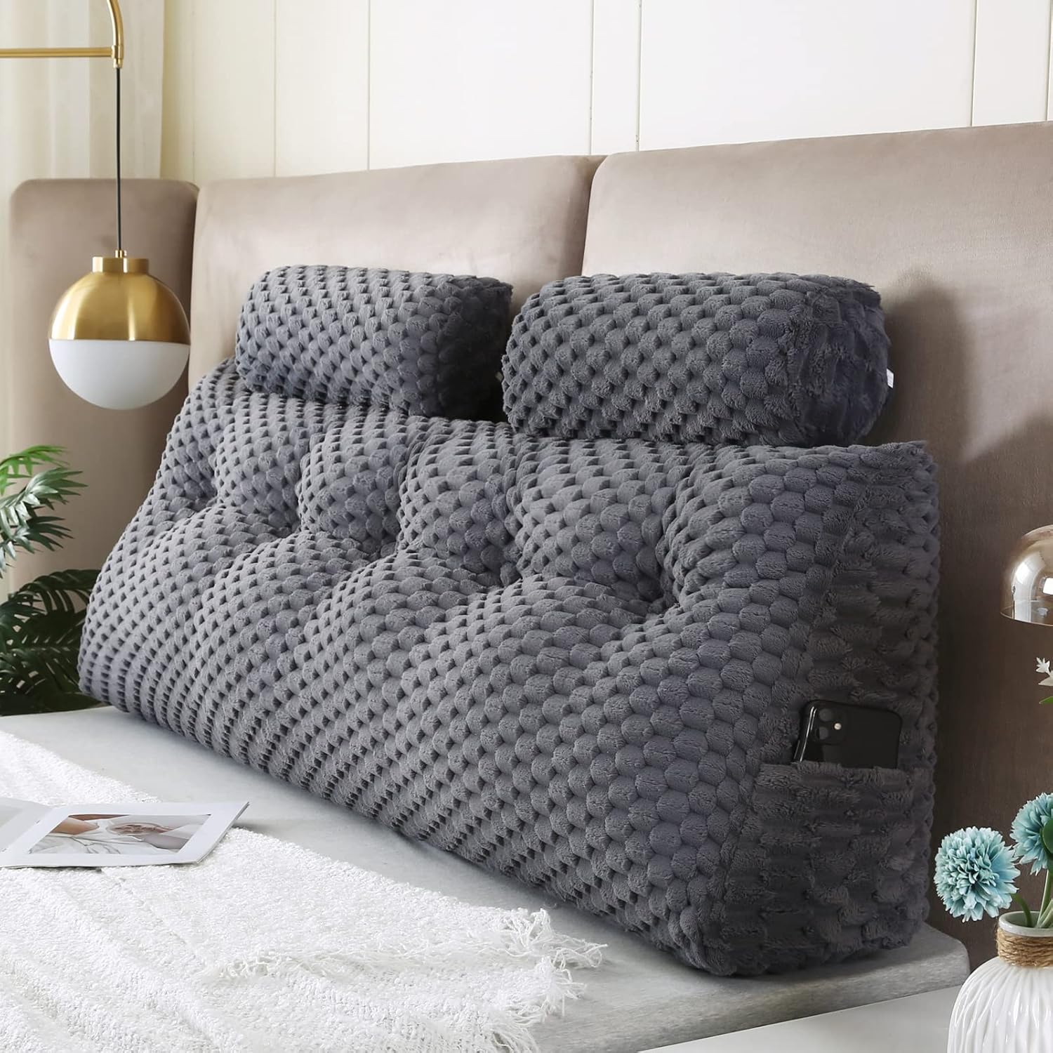 Wedge Headboard Pillows + 2 Head Roll Pillow Bed Wedge Pillow for Headboard Larg...