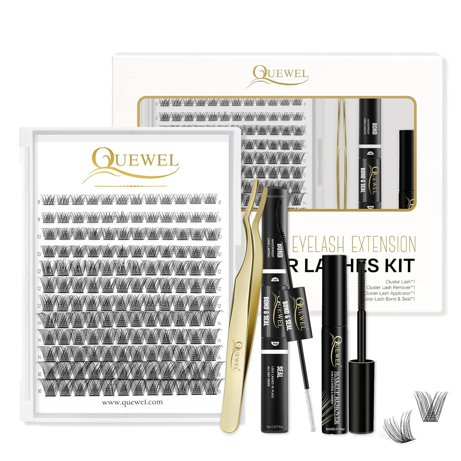 QUEWEL DIY Lash Extensions Kit Lash Clusters 144 Pcs, Cluster Lashes Golden Lash...