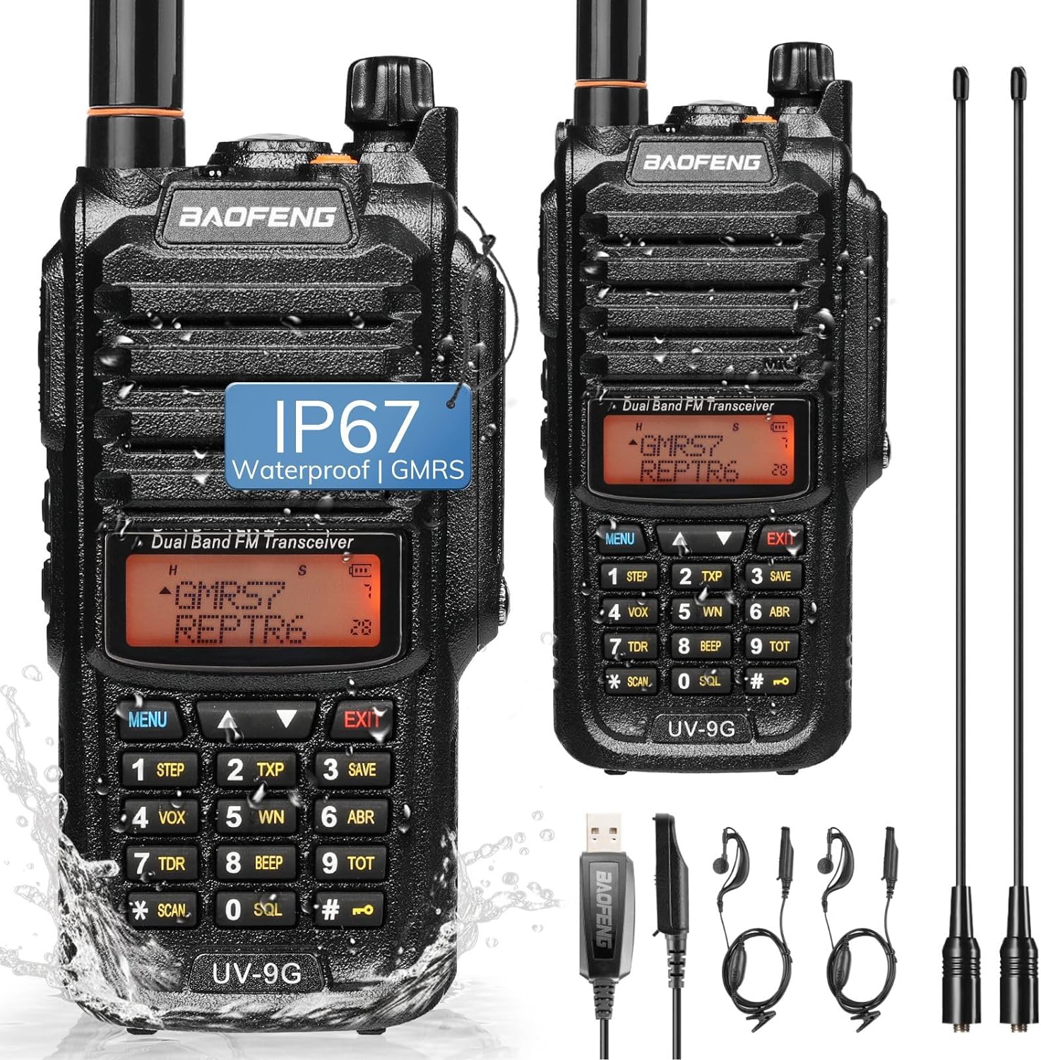 Baofeng UV-9G GMRS Radio (2 Pack), IP67 Waterproof Outdoors Two Way Radios, Long...