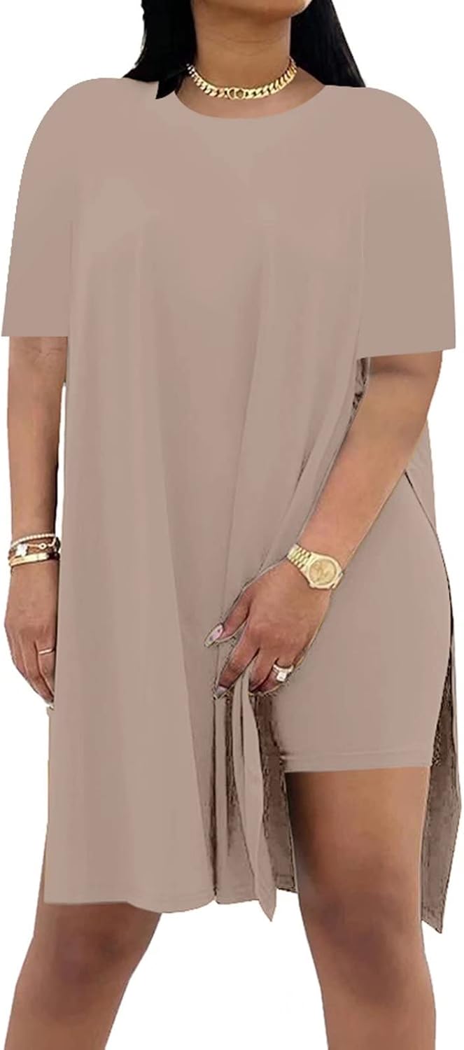 AXOSY Women Plus Size 2 Piece Outfits Short Sleeve Tunic Tops and Skinny Biker S...