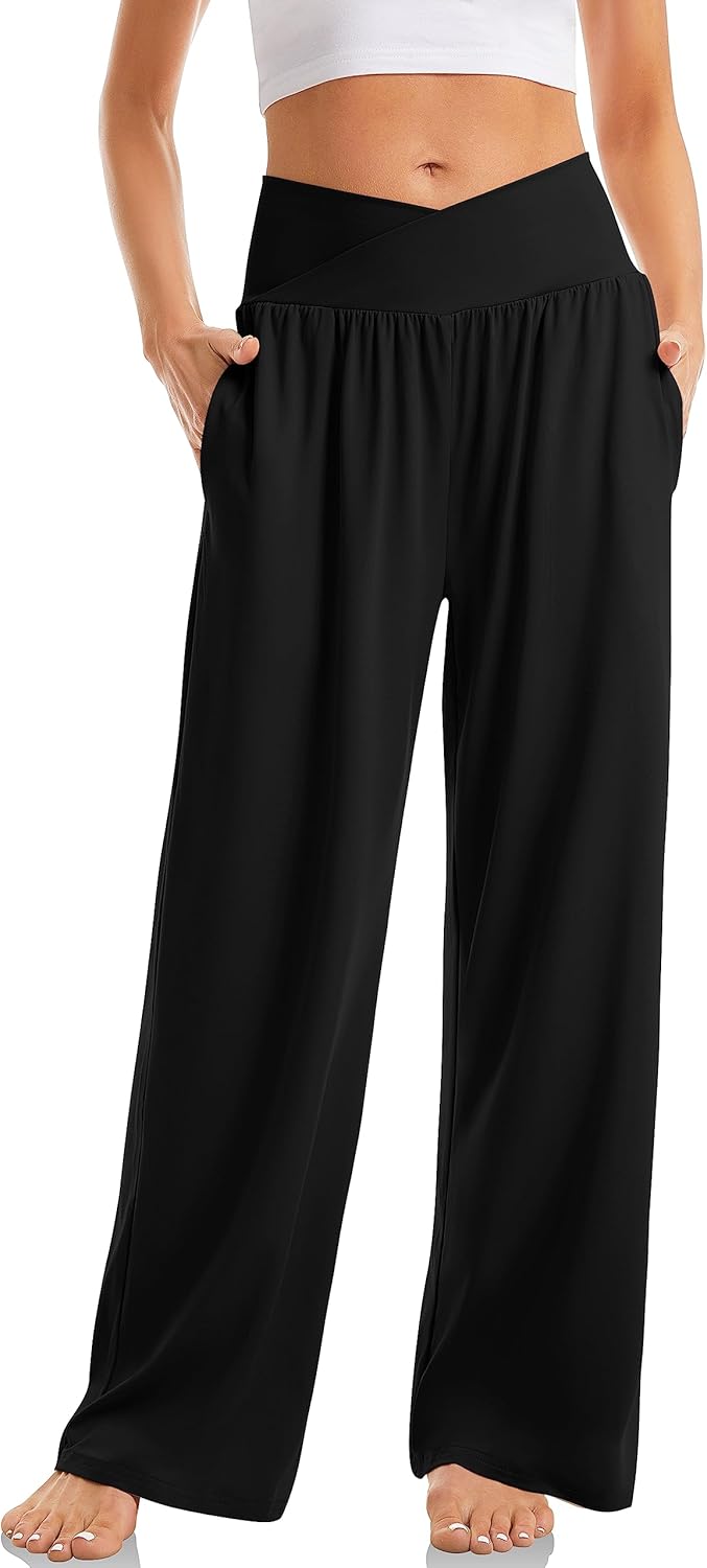 TARSE Women's Wide Leg Casual Loose Pants Yoga Sweatpants Comfy Crossover High W...