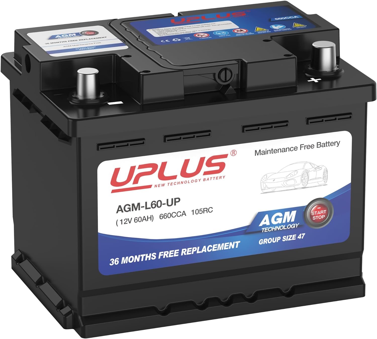 UPLUS BCI Group 47 Car Battery, AGM-L60-UP Maintenance Free 12V 60Ah Premium AGM...