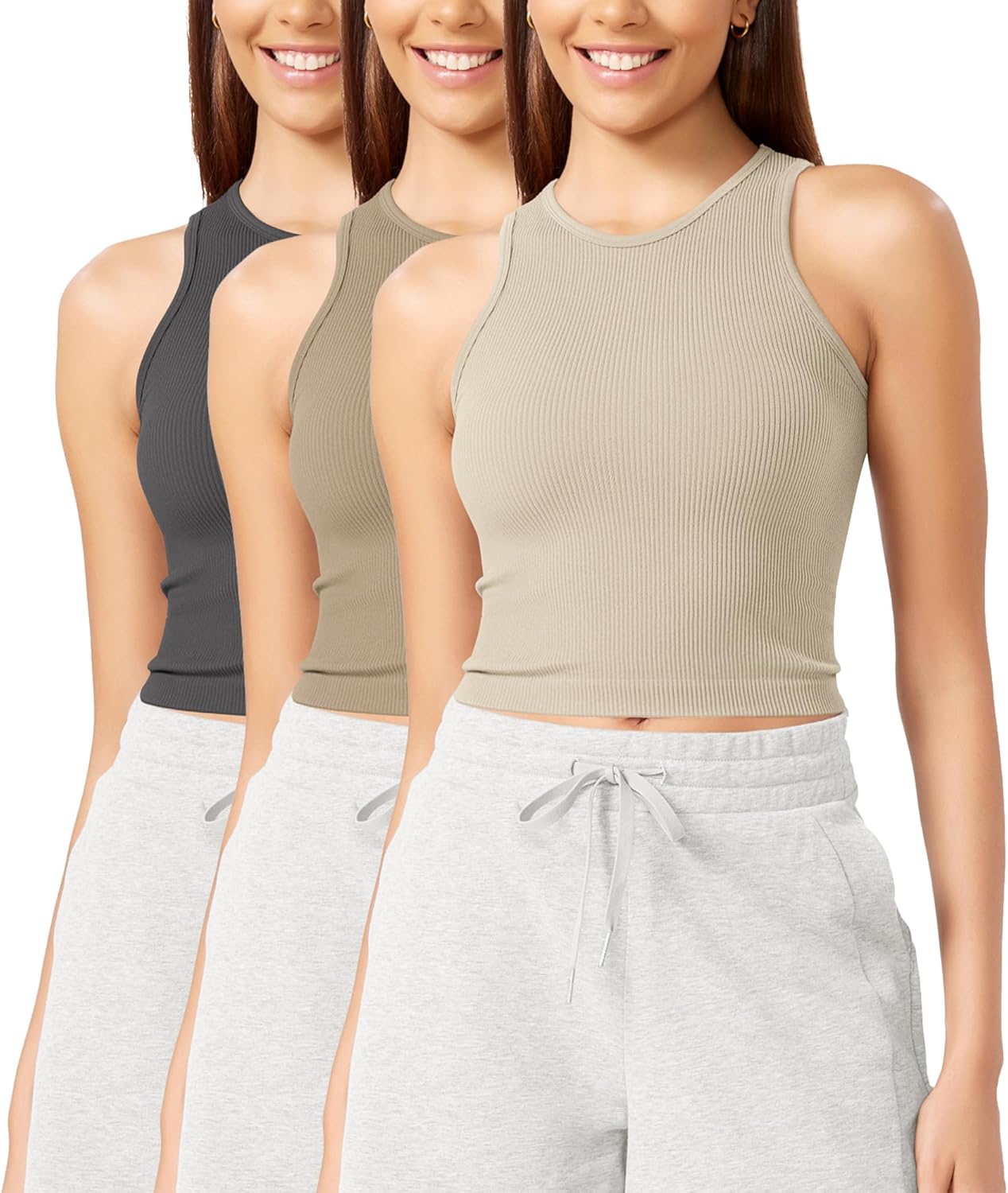 ODODOS 3-Pack Seamless Tank Top, Special Crop Tank for Women, High-Quality Ribbe...