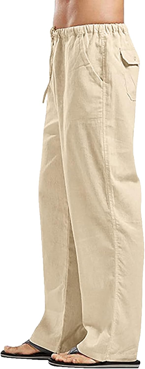 YAOHUOLE Men's Linen Pants Loose Casual Yoga Pants Straight Legs Trousers XL Kha...