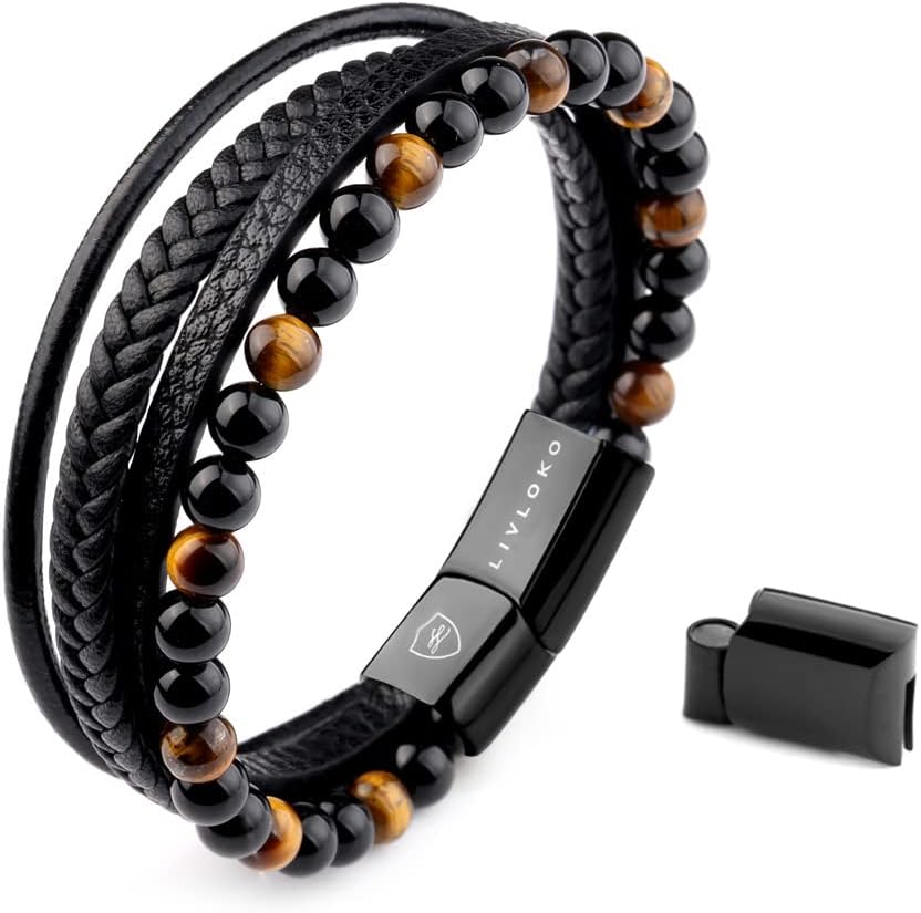 LIVLOKO Mens Bracelet Leather Black Multi-Layer Bracelet for Men Magnetic Clasp...
